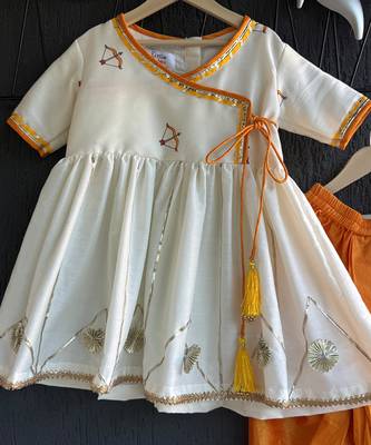 Off white printed cotton silk orange dhoti kurta set 5