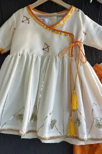 Off white printed cotton silk orange dhoti kurta set
