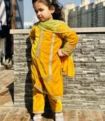 Mustard yellow embroidered velvet kurti set
