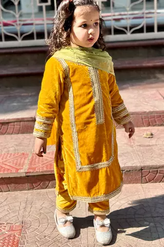Mustard yellow embroidered velvet kurti set