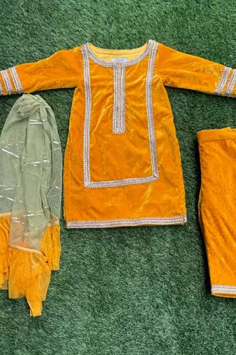Mustard yellow embroidered velvet kurti set