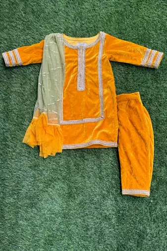 Mustard yellow embroidered velvet kurti set