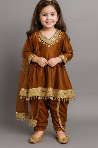 Metallic brown mirror embroidered silk dhoti kurta set