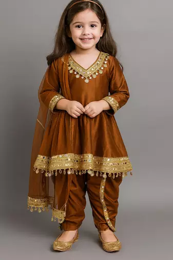 Metallic brown mirror embroidered silk dhoti kurta set