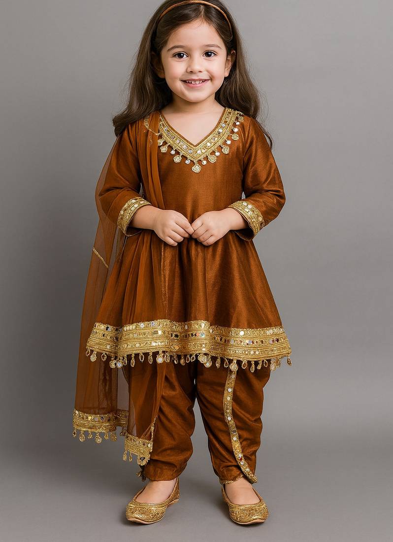 Metallic brown mirror embroidered silk dhoti kurta set