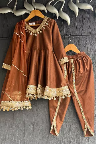 Metallic brown mirror embroidered silk dhoti kurta set
