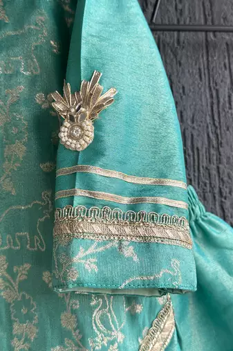 Aqua blue embroidered chanderi kurti set
