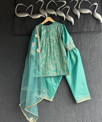 Aqua blue embroidered chanderi kurti set 3
