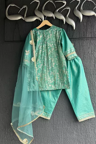 Aqua blue embroidered chanderi kurti set
