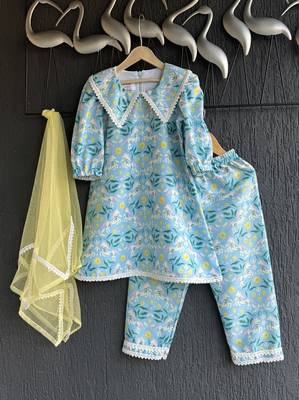 Sky blue printed silk kurti set 1