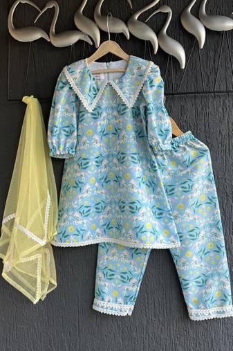 Sky blue printed silk kurti set