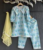Sky blue printed silk kurti set