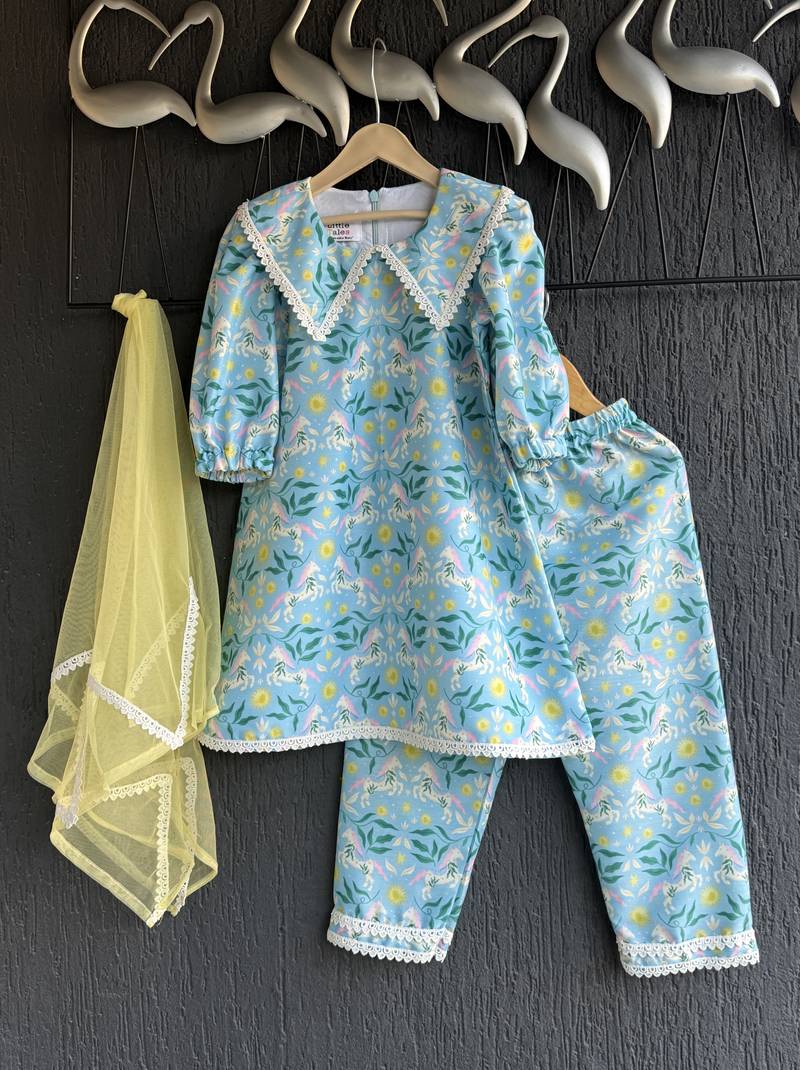 Sky blue printed silk kurti set