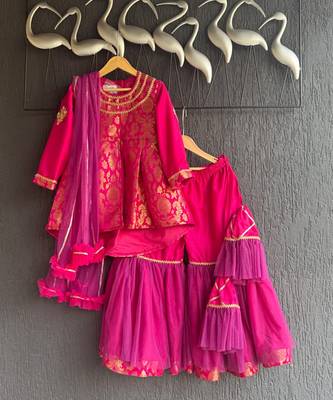 Hot pink woven brocade sharara set 1