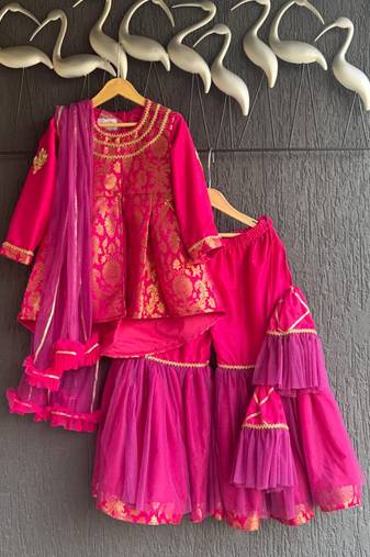 Hot pink woven brocade sharara set