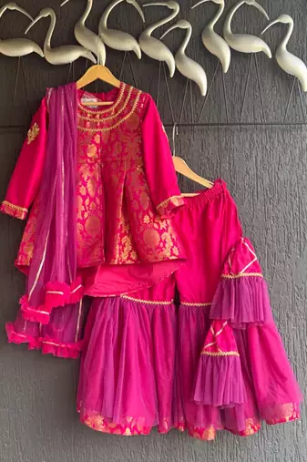 Hot pink woven brocade sharara set