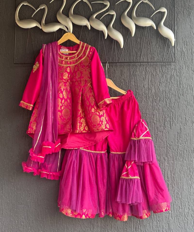 Hot pink woven brocade sharara set