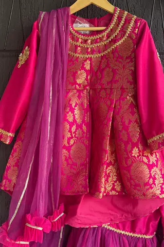 Hot pink woven brocade sharara set