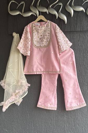 Baby pink embroidered silk kurti set