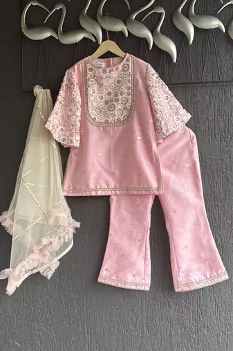 Baby pink embroidered silk kurti set