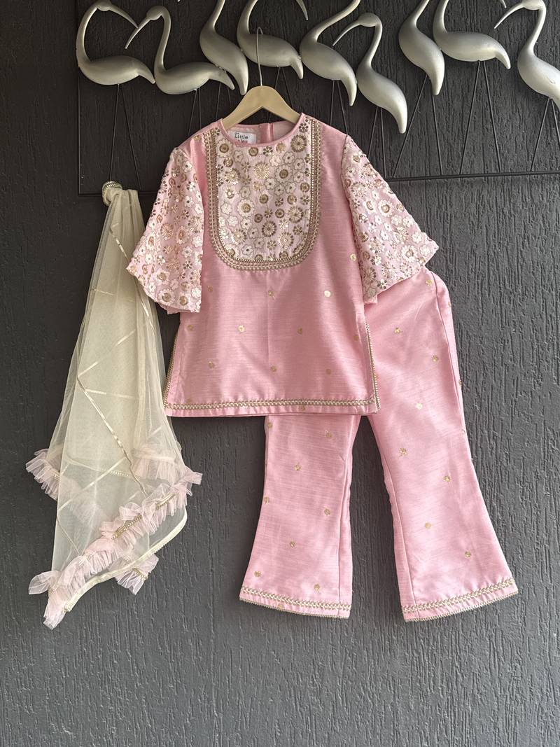 Baby pink embroidered silk kurti set