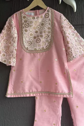 Baby pink embroidered silk kurti set
