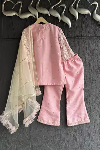 Baby pink embroidered silk kurti set