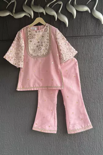 Baby pink embroidered silk kurti set