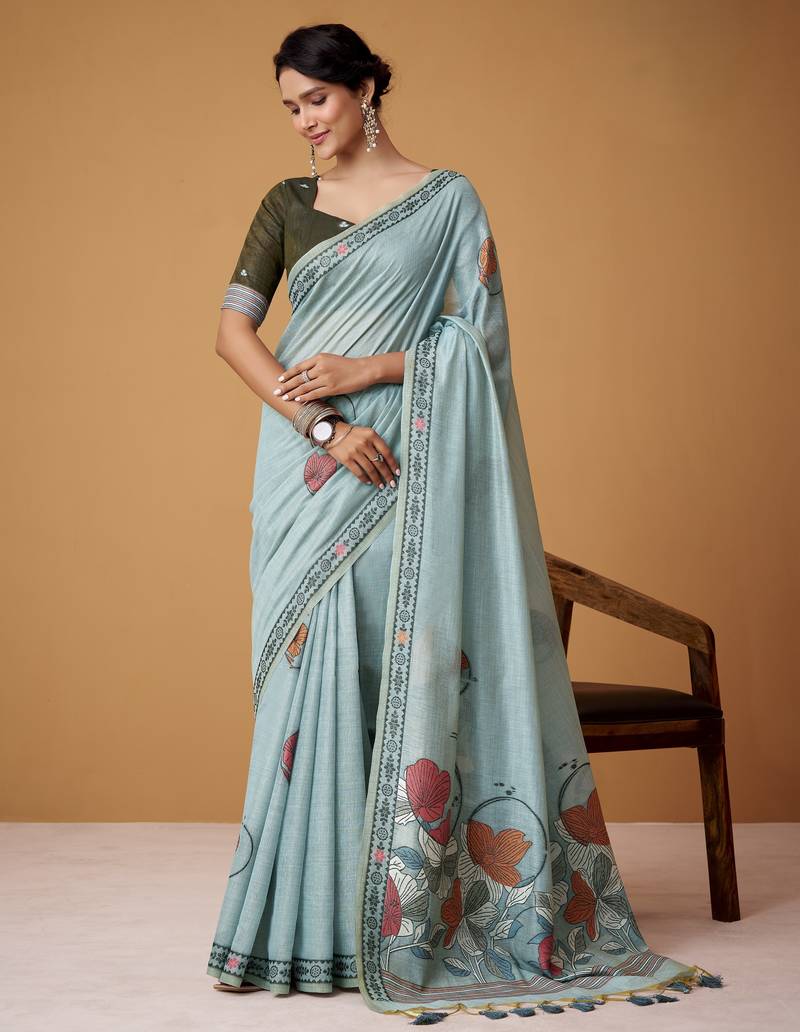 sky blue jamdani cotton saree