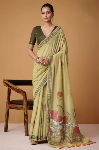 Olive jamdani cotton saree