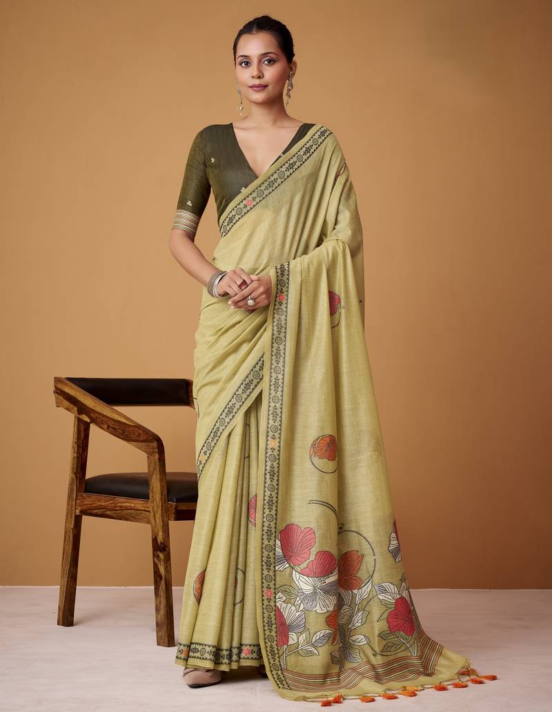 olive jamdani cotton saree