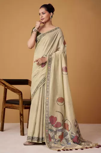 Beige jamdani cotton saree