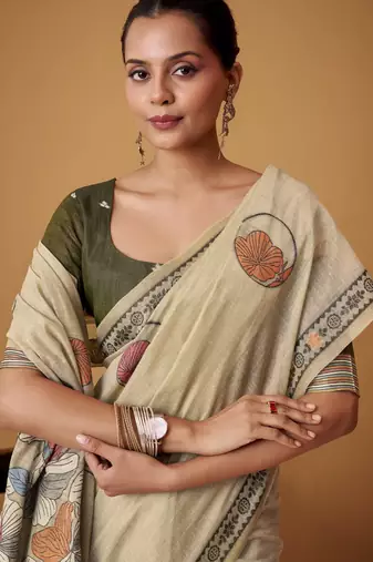 Beige jamdani cotton saree
