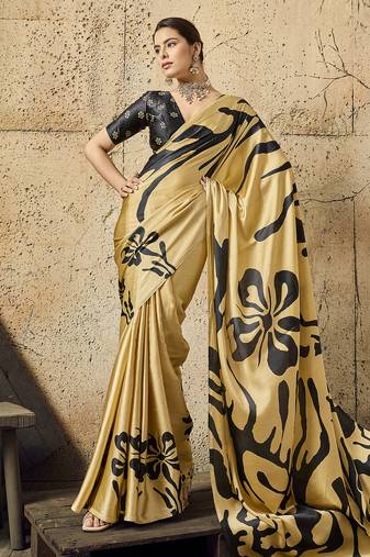 Golden print modal satin saree with blouse