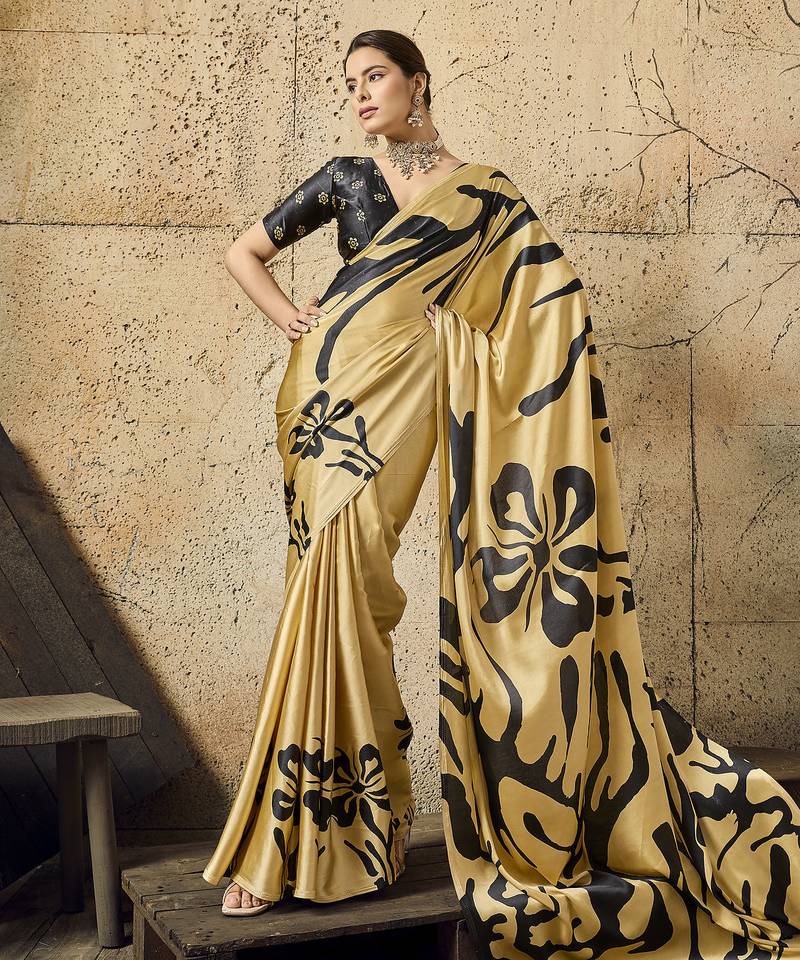 golden printed satin saree with blouse