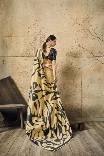 Golden print modal satin saree with blouse