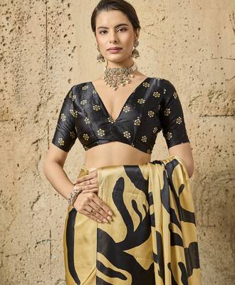 Golden print modal satin saree with blouse 3