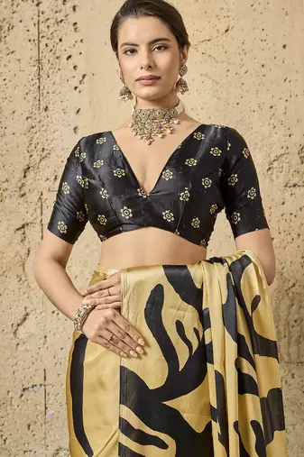 Golden print modal satin saree with blouse