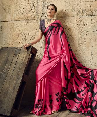 Pink print modal satin saree with blouse 1