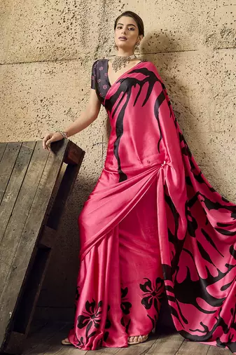 Pink print modal satin saree with blouse
