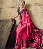 Pink print modal satin saree with blouse