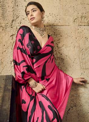 Pink print modal satin saree with blouse 2