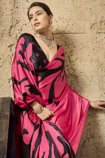 Pink print modal satin saree with blouse