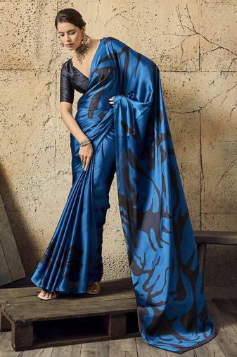 Blue print modal satin saree with blouse