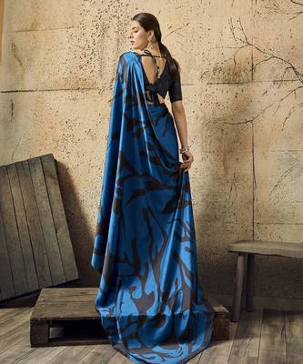 Blue print modal satin saree with blouse 2