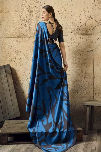 Blue print modal satin saree with blouse