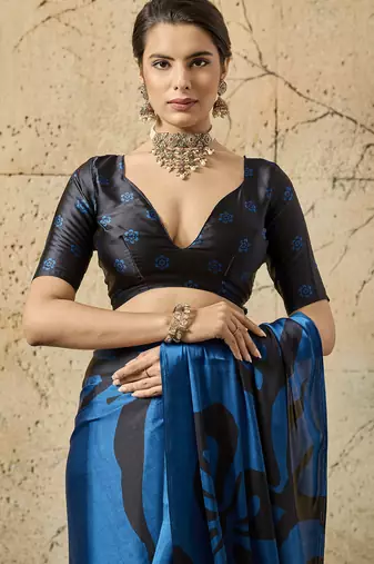 Blue print modal satin saree with blouse