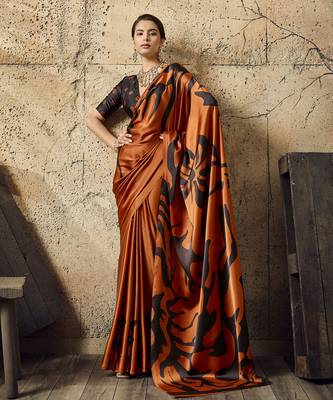 Orange print modal satin saree with blouse 1