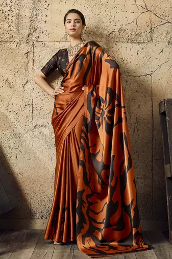 Orange print modal satin saree with blouse