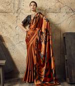 Orange print modal satin saree with blouse
